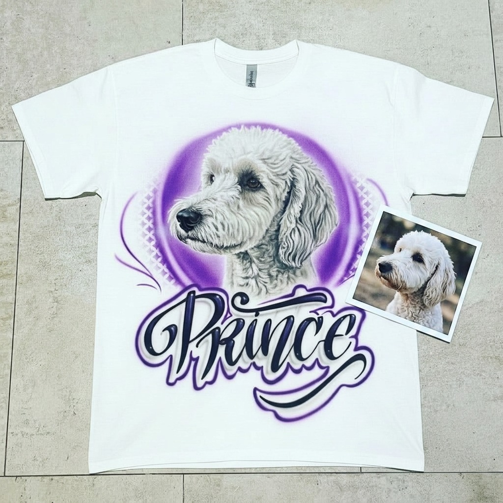 Signature Pet Portrait w/ Outlined Name Tee — hand airbrushed custom design