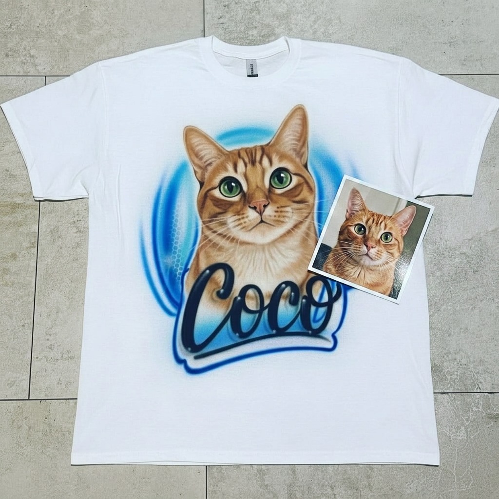 Studio Pet Portrait w/ Blue Tee — custom airbrush spray paint design on shirts, hats, shoes and outfits