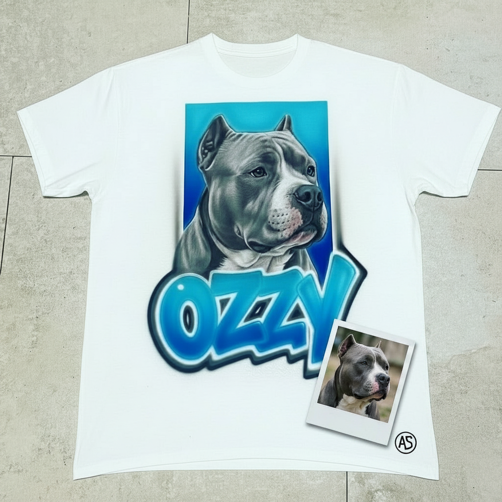 Premium Pet Portrait w/ Frame Tee — custom airbrush spray paint design on shirts, hats, shoes and outfits