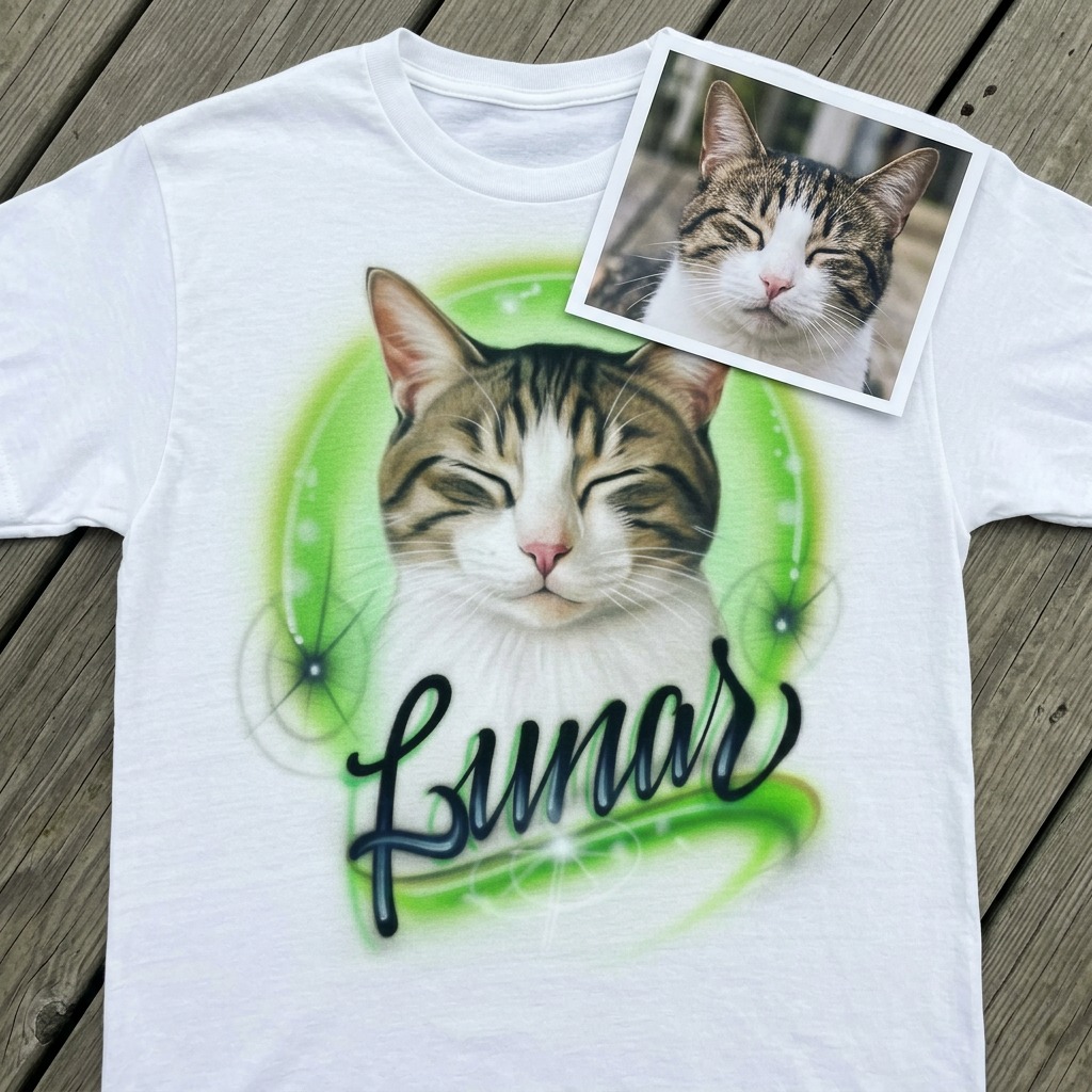 Master-Sprayed Pet Portrait w/ Green Tee — custom airbrush spray paint design on shirts, hats, shoes and outfits