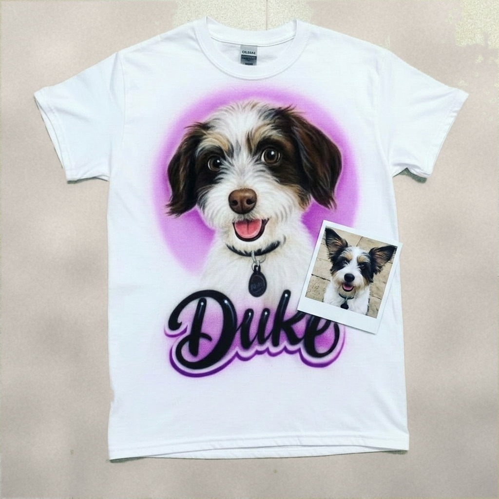 Hand-Painted Pet Portrait w/ Purple Tee — custom airbrush spray paint design on shirts, hats, shoes and outfits