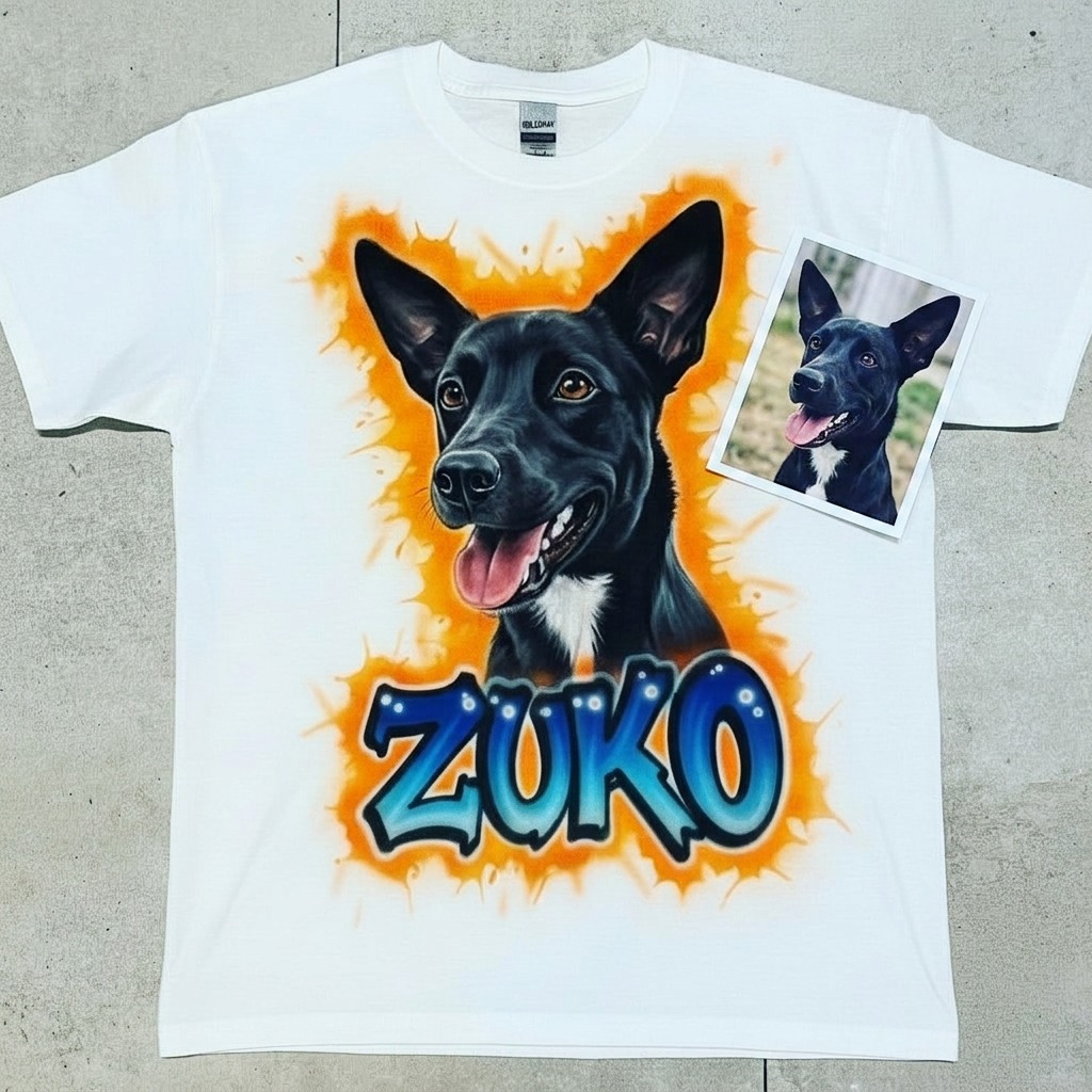 Studio Splatter Pet Portrait Tee — custom airbrush spray paint design on shirts, hats, shoes and outfits