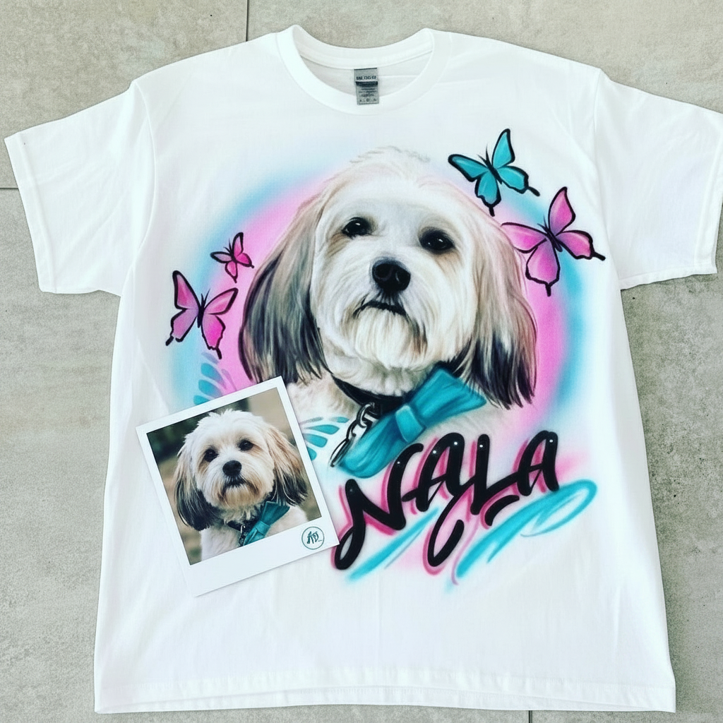 Signature Pet Portrait w/ Butterflies Tee — custom airbrush spray paint design on shirts, hats, shoes and outfits