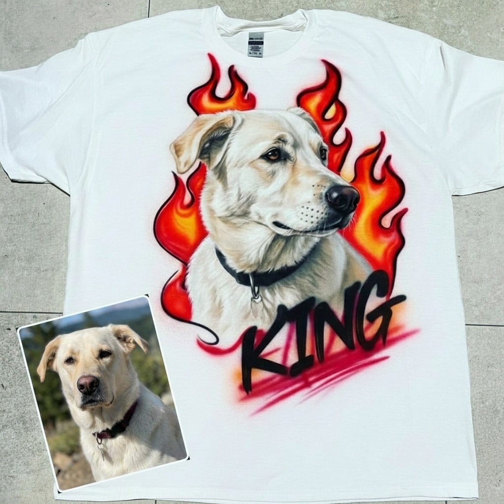 Premium Pet Portrait w/ Flames Tee — custom airbrush spray paint design on shirts, hats, shoes and outfits