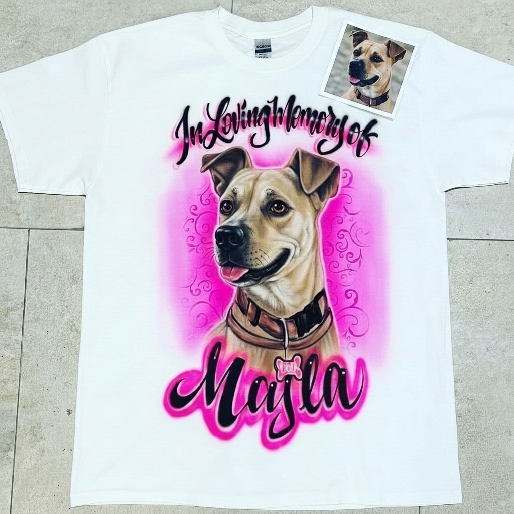 Artisan Pet Portrait w/ Swirls Tee — custom airbrush spray paint design on shirts, hats, shoes and outfits