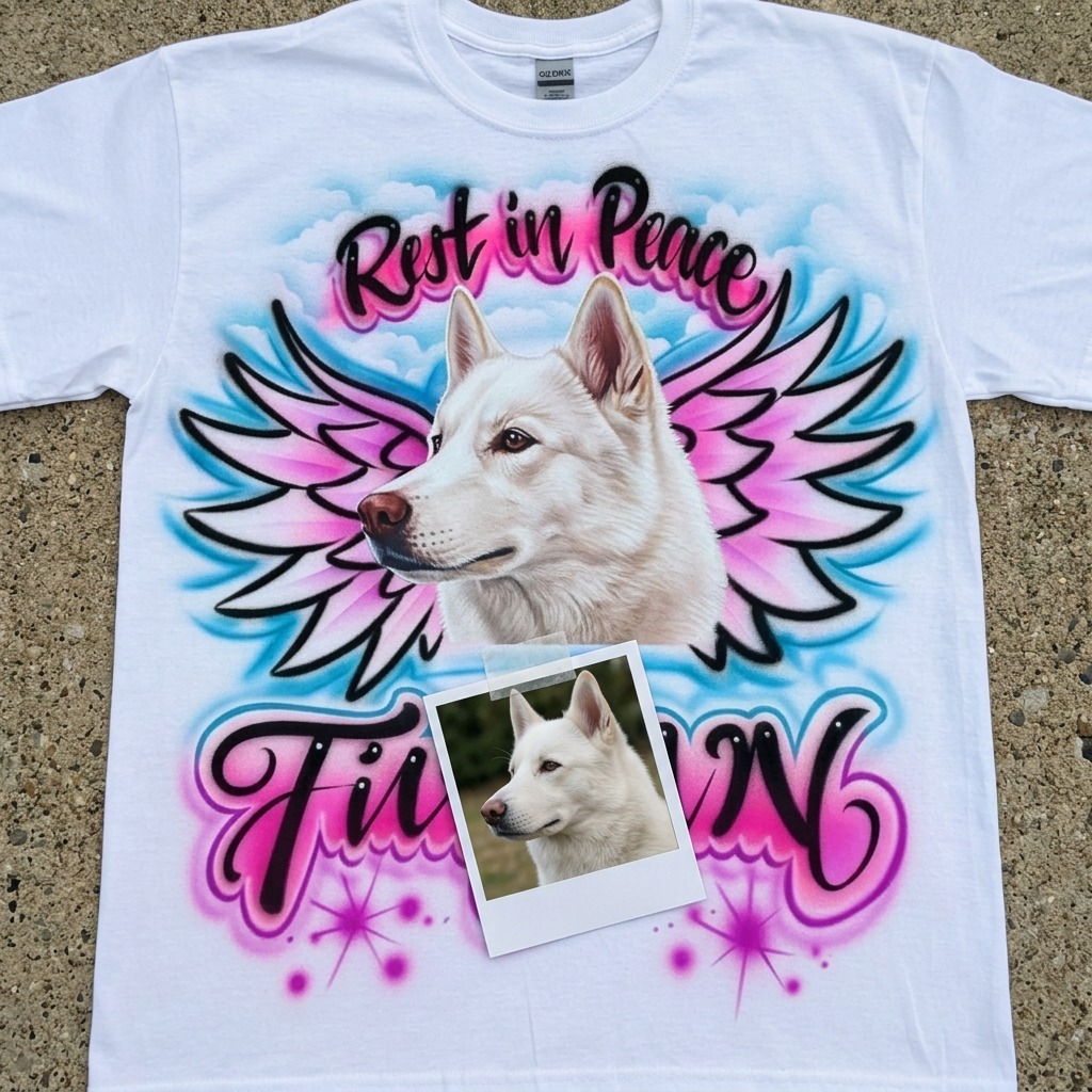 Hand-Painted Pet Portrait w/ Wings And Clouds Tee — custom airbrush spray paint design on shirts, hats, shoes and outfits