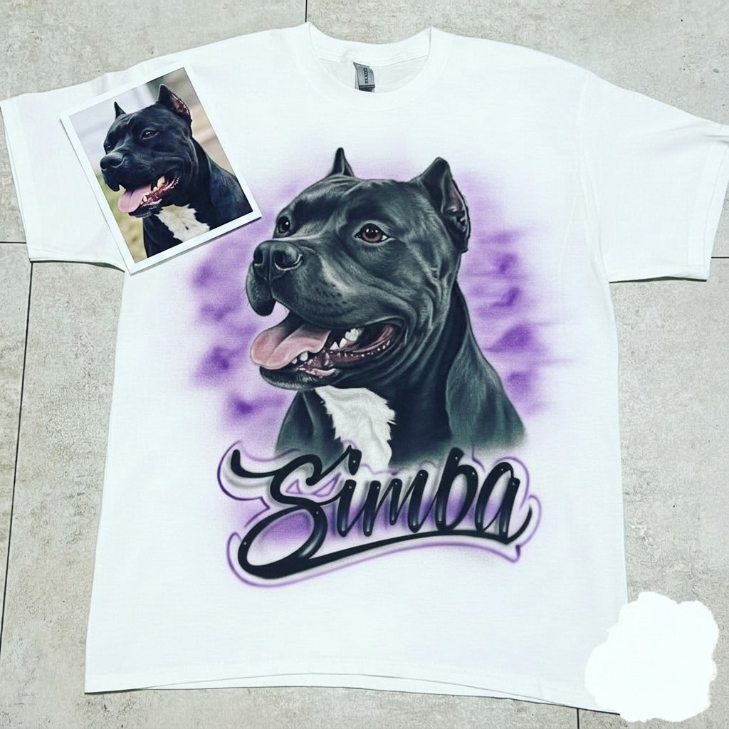 Signature Purple Clouds Pet Portrait Tee — custom airbrush spray paint design on shirts, hats, shoes and outfits