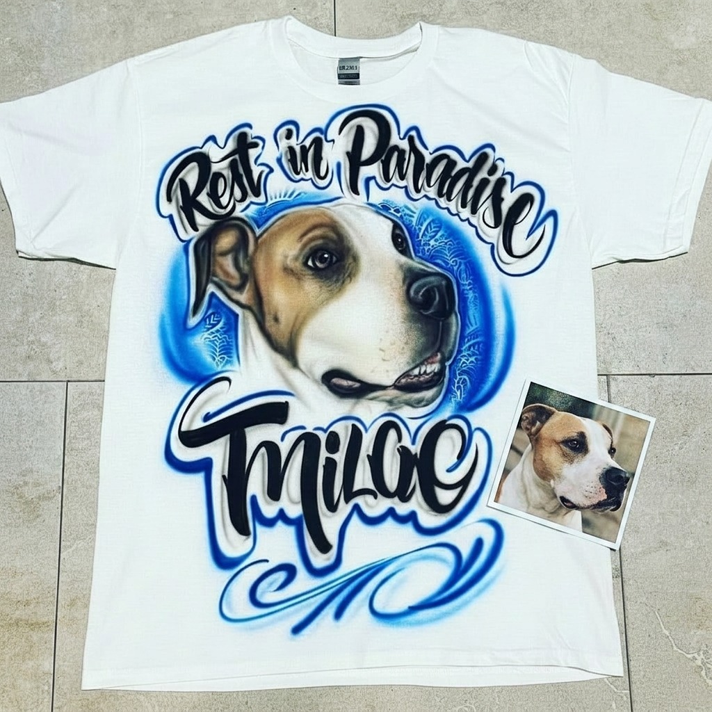 Hand-Painted Rest in Paradise Dog Pet Portrait Tee — custom airbrush spray paint design on shirts, hats, shoes and outfits