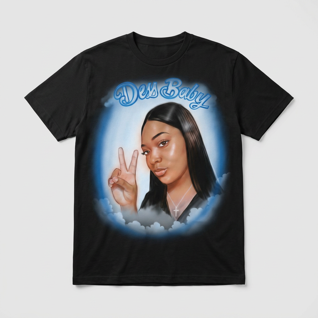 Gallery-Grade Blue Clouds Portrait Tee — custom airbrush spray paint design on shirts, hats, shoes and outfits