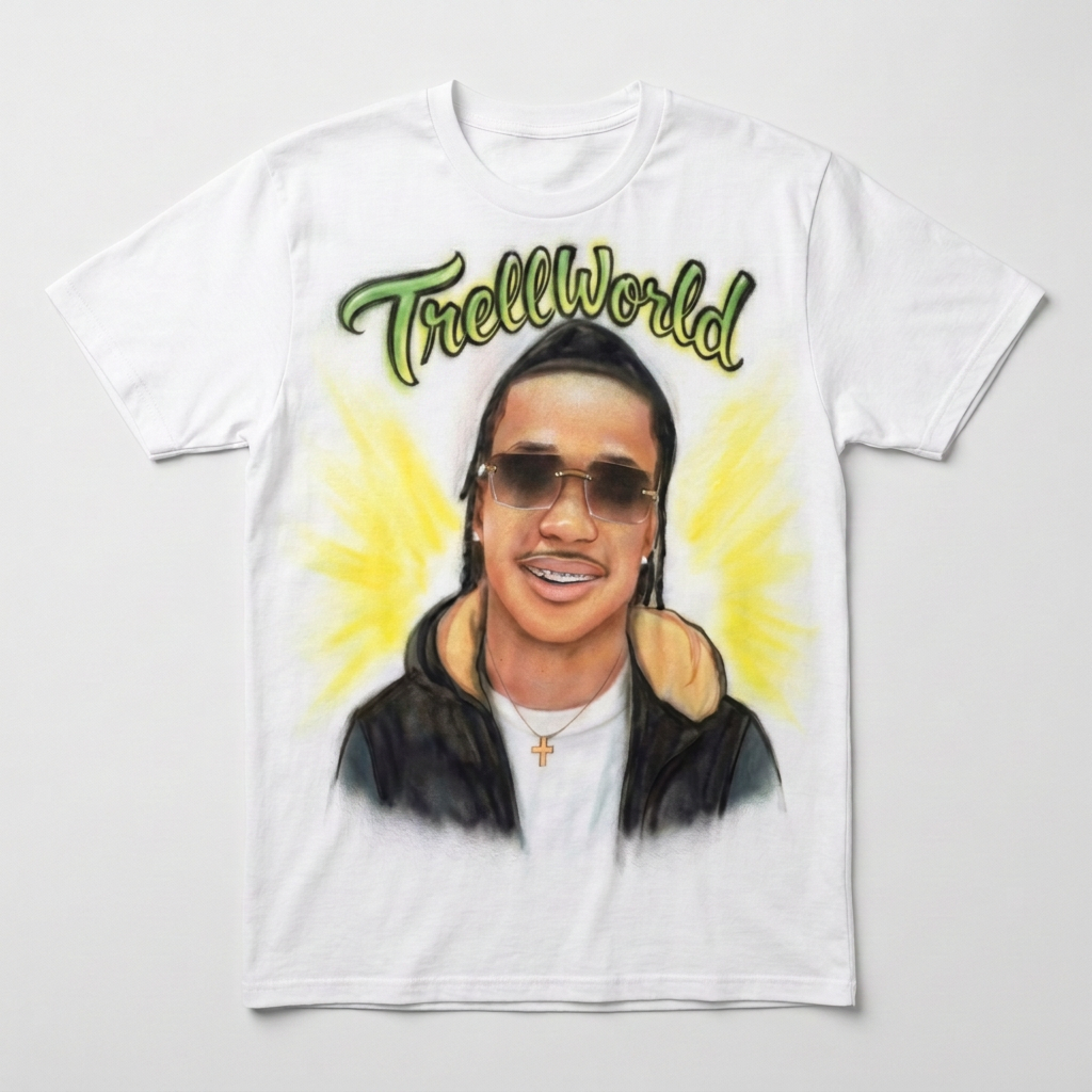 Master-Sprayed Bubble Script Name Portrait Tee — custom airbrush spray paint design on shirts, hats, shoes and outfits