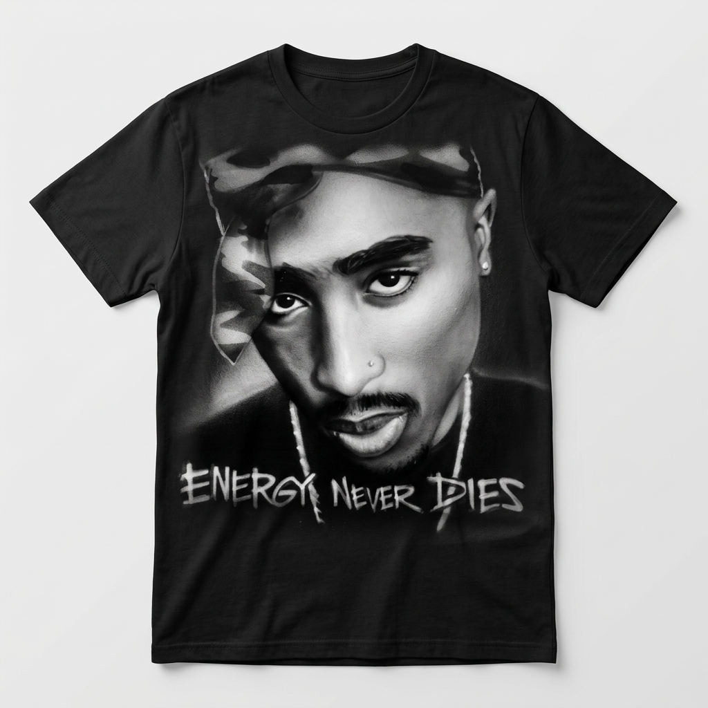 Hand-Painted Energy Never Dies Portrait Tee — custom airbrush spray paint design on shirts, hats, shoes and outfits