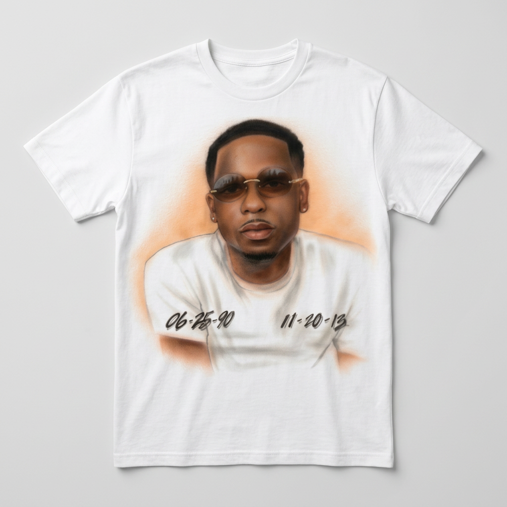 Studio Memorial Dates Portrait Tee — custom airbrush spray paint design on shirts, hats, shoes and outfits