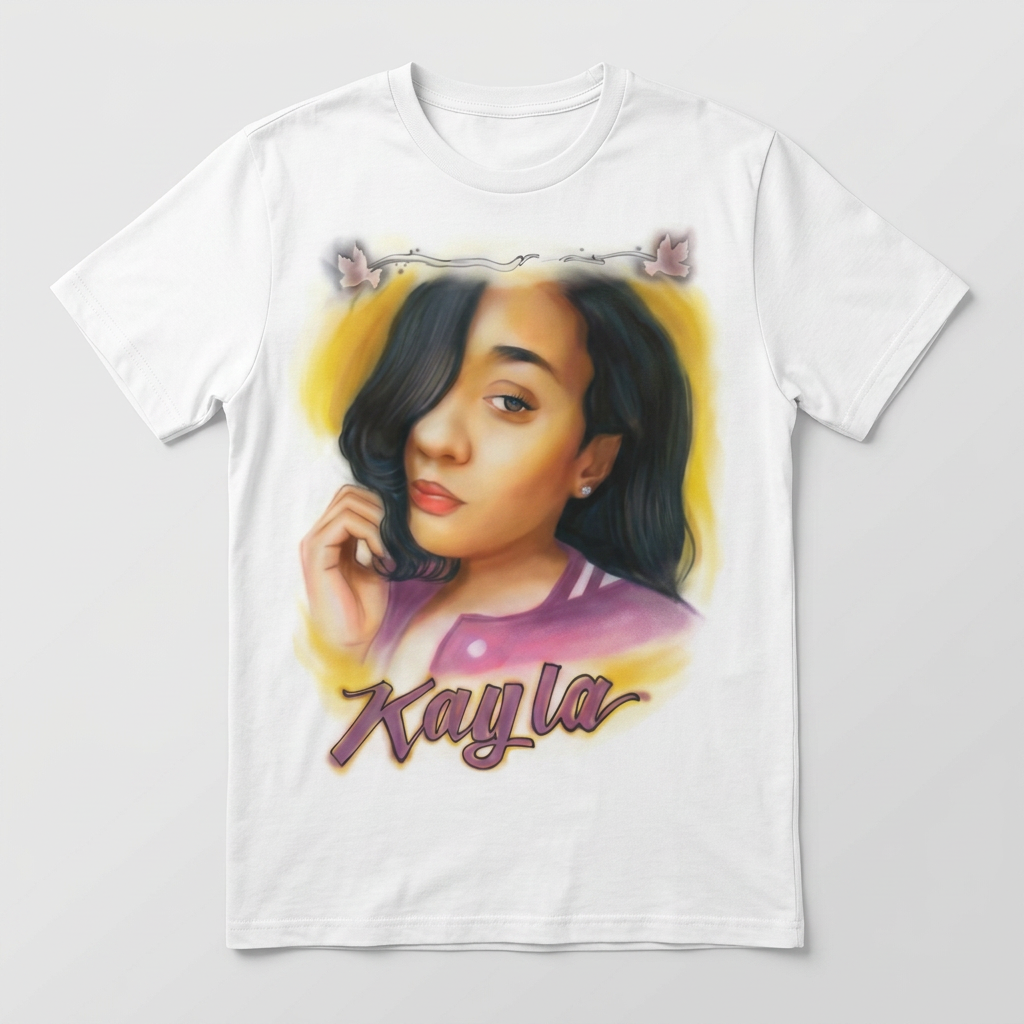 Signature Portrait w/ Script Name Tee — custom airbrush spray paint design on shirts, hats, shoes and outfits