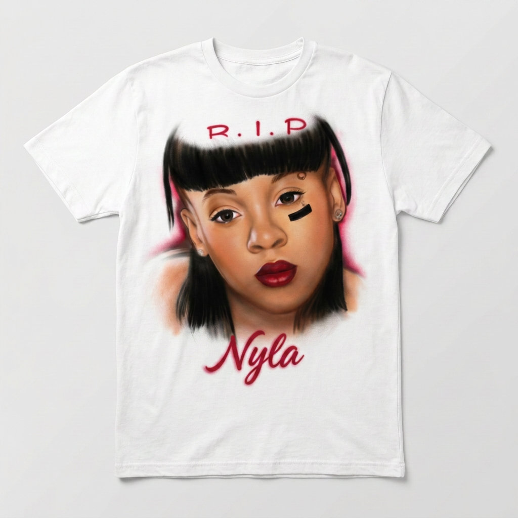 Master-Sprayed Red Script R.I.P Portrait Tee — custom airbrush spray paint design on shirts, hats, shoes and outfits