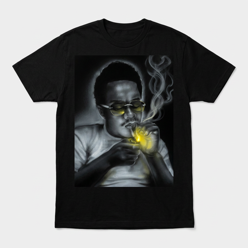 Hand-Painted Smoke & Glow Black Portrait Tee — custom airbrush spray paint design on shirts, hats, shoes and outfits