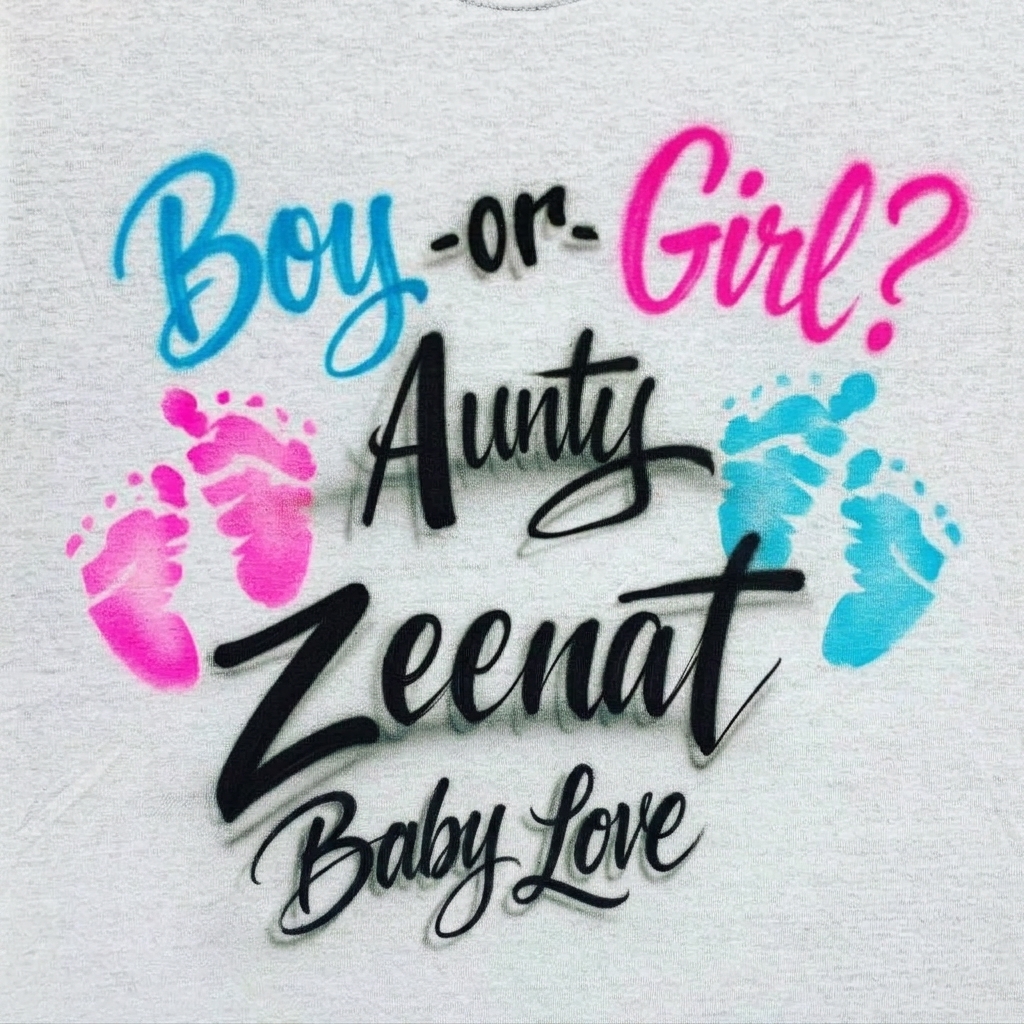 Keepsake Baby Reveal Boy or Girl Tee — custom airbrush spray paint design on shirts, hats, shoes and outfits