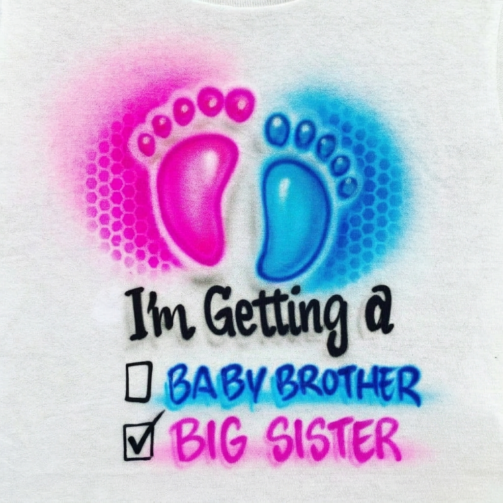 Keepsake Baby Reveal Checklist Tee — custom airbrush spray paint design on shirts, hats, shoes and outfits