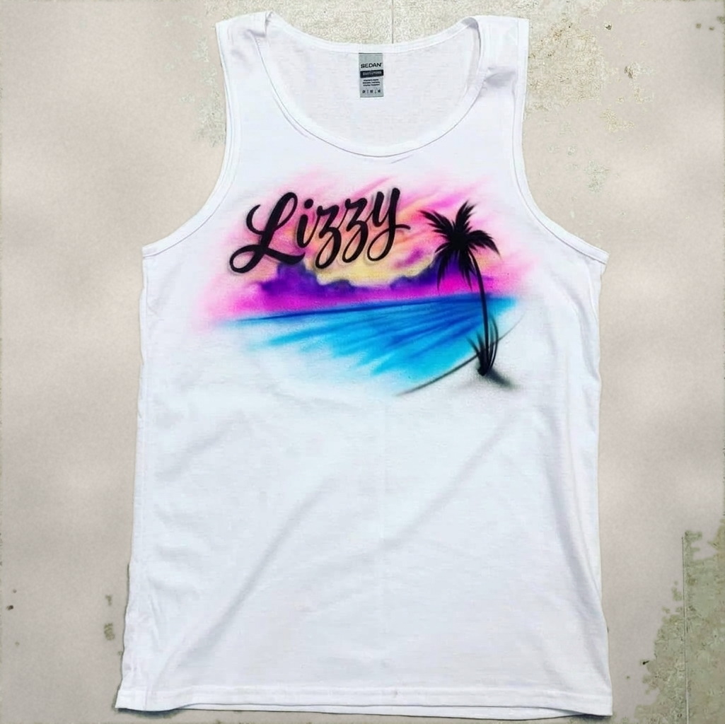 Premium Cloudy Palm Beach Tee — hand airbrushed custom design