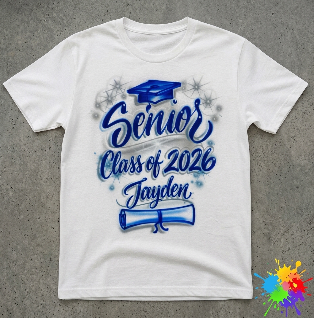 Signature Grad Cap Class Tee — custom airbrush spray paint design on shirts, hats, shoes and outfits