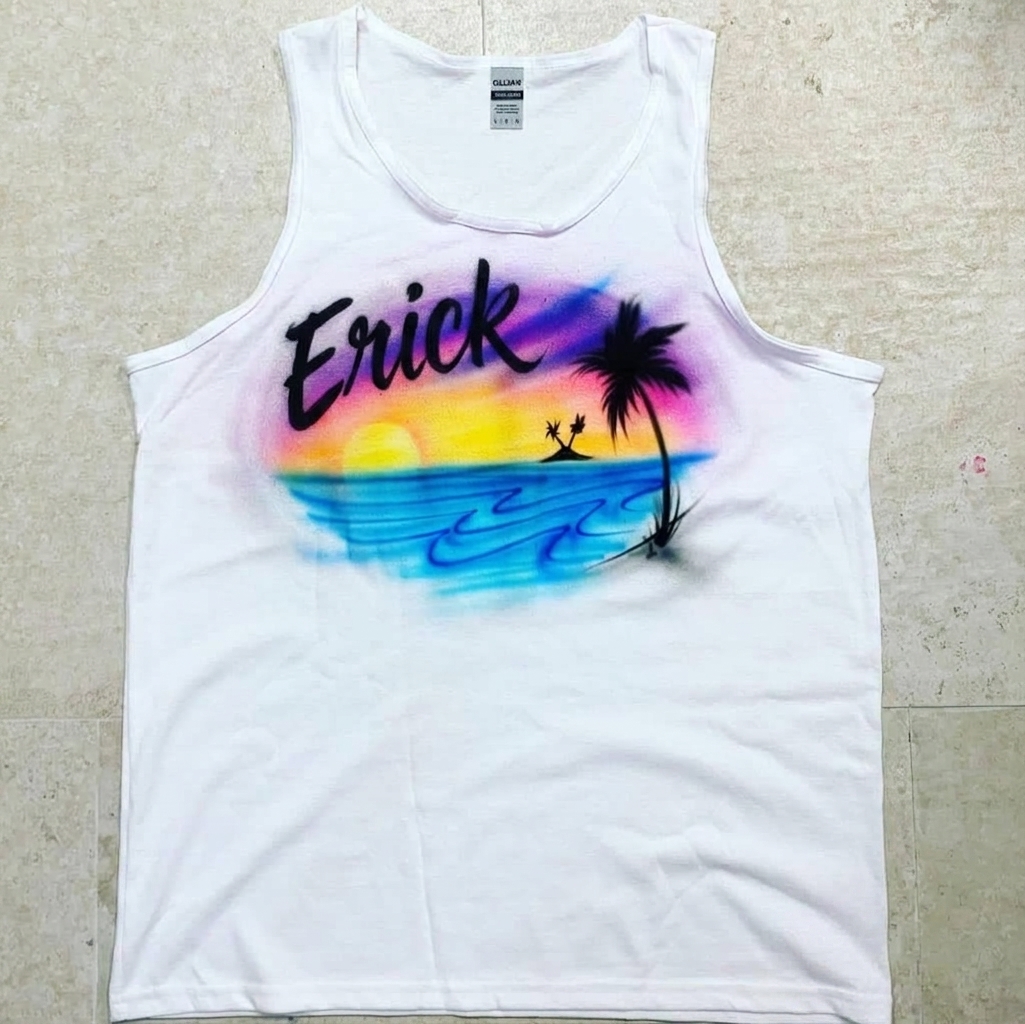 Studio Island Sunset Palm Trees Tee — custom airbrush spray paint design on shirts, hats, shoes and outfits