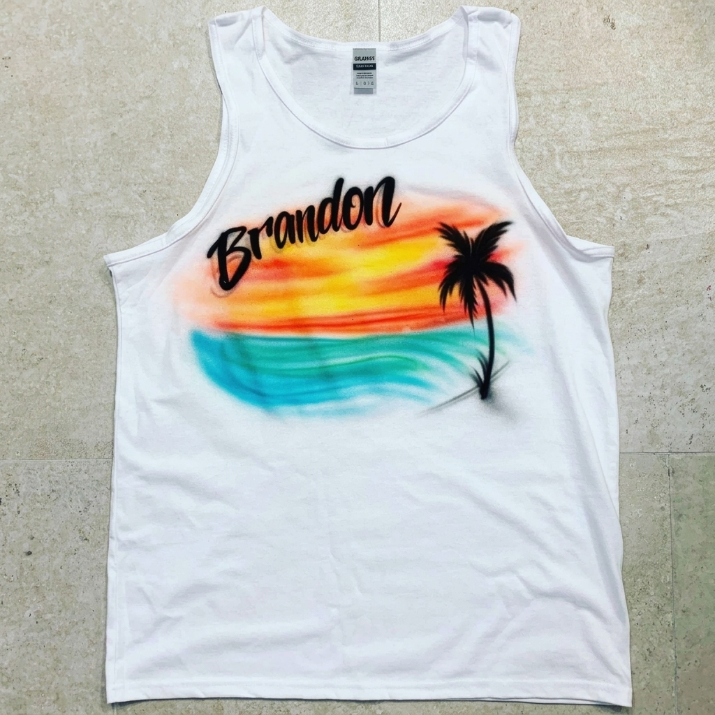 Studio Ocean Breeze Beach Tee — custom airbrush spray paint design on shirts, hats, shoes and outfits
