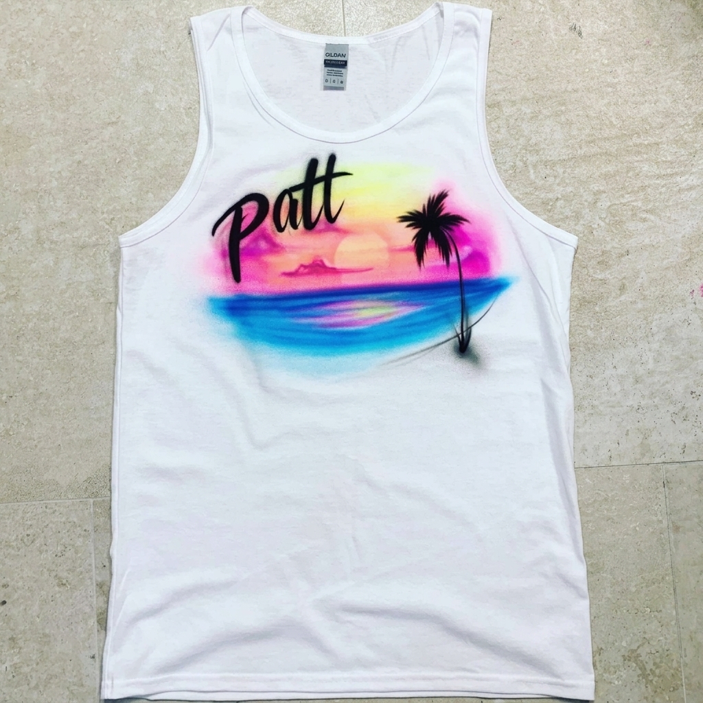 Artisan Sunset Clouds Beach Tee — custom airbrush spray paint design on shirts, hats, shoes and outfits