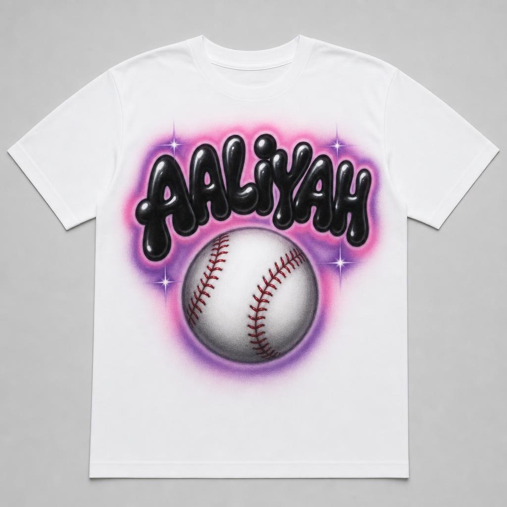 Softball Name Tee — AALIYAH — custom airbrush sport name design hand-sprayed on a white cotton tee