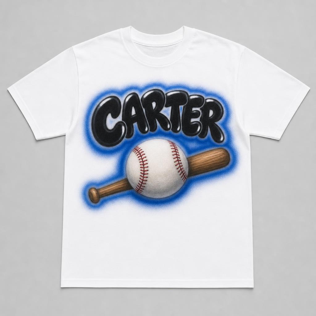 Baseball Name Tee — CARTER — custom airbrush sport name design hand-sprayed on a white cotton tee