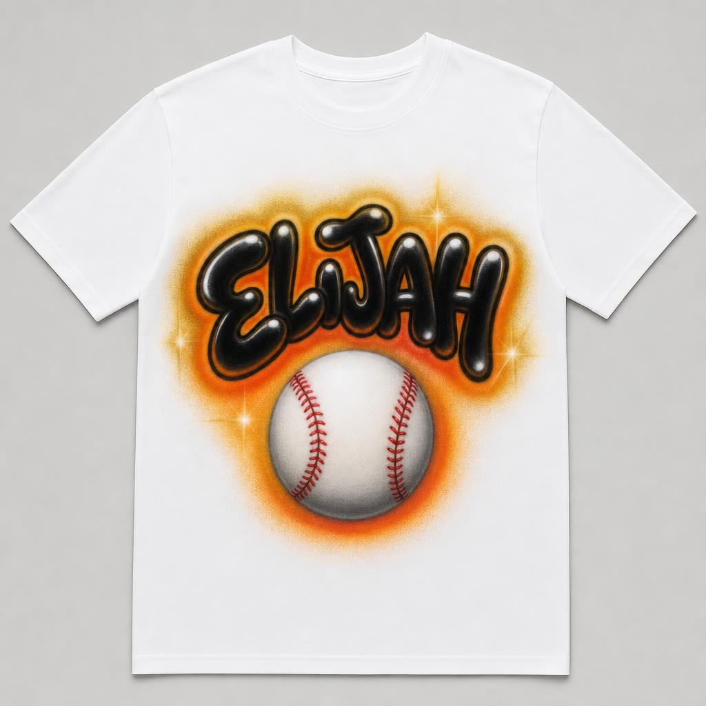 Baseball Name Tee — ELIJAH — custom airbrush sport name design hand-sprayed on a white cotton tee