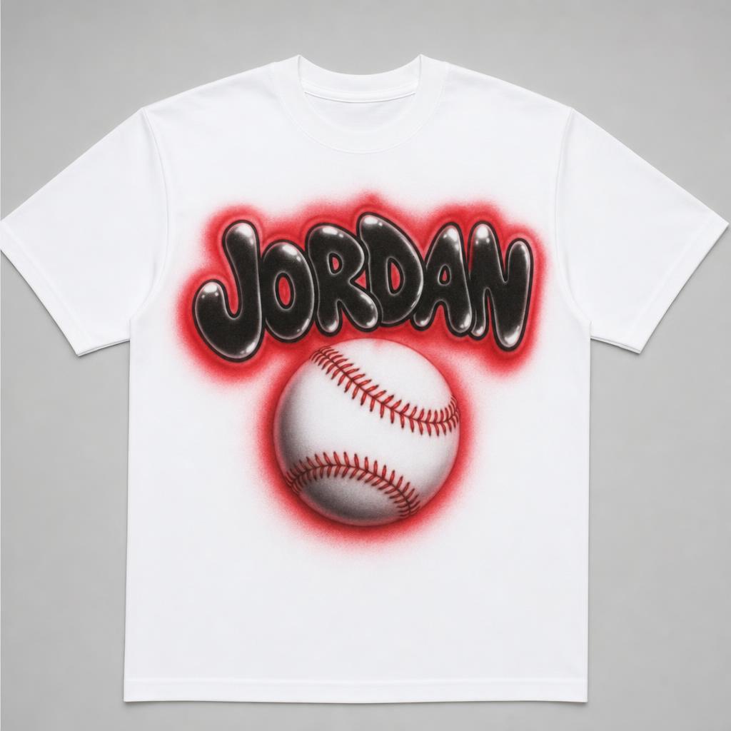 Baseball Name Tee — JORDAN — custom airbrush sport name design hand-sprayed on a white cotton tee