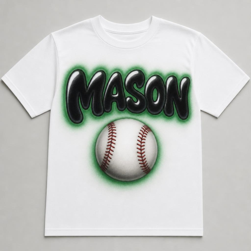 Baseball Name Tee — MASON — custom airbrush sport name design hand-sprayed on a white cotton tee