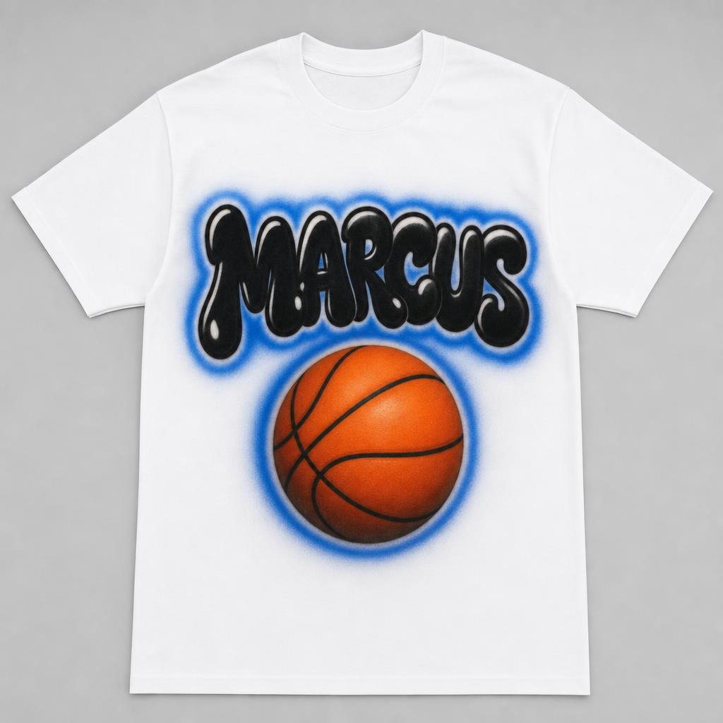 Basketball Name Tee — MARCUS — custom airbrush sport name design hand-sprayed on a white cotton tee