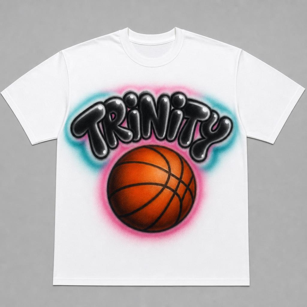 Basketball Name Tee — TRINITY — custom airbrush sport name design hand-sprayed on a white cotton tee