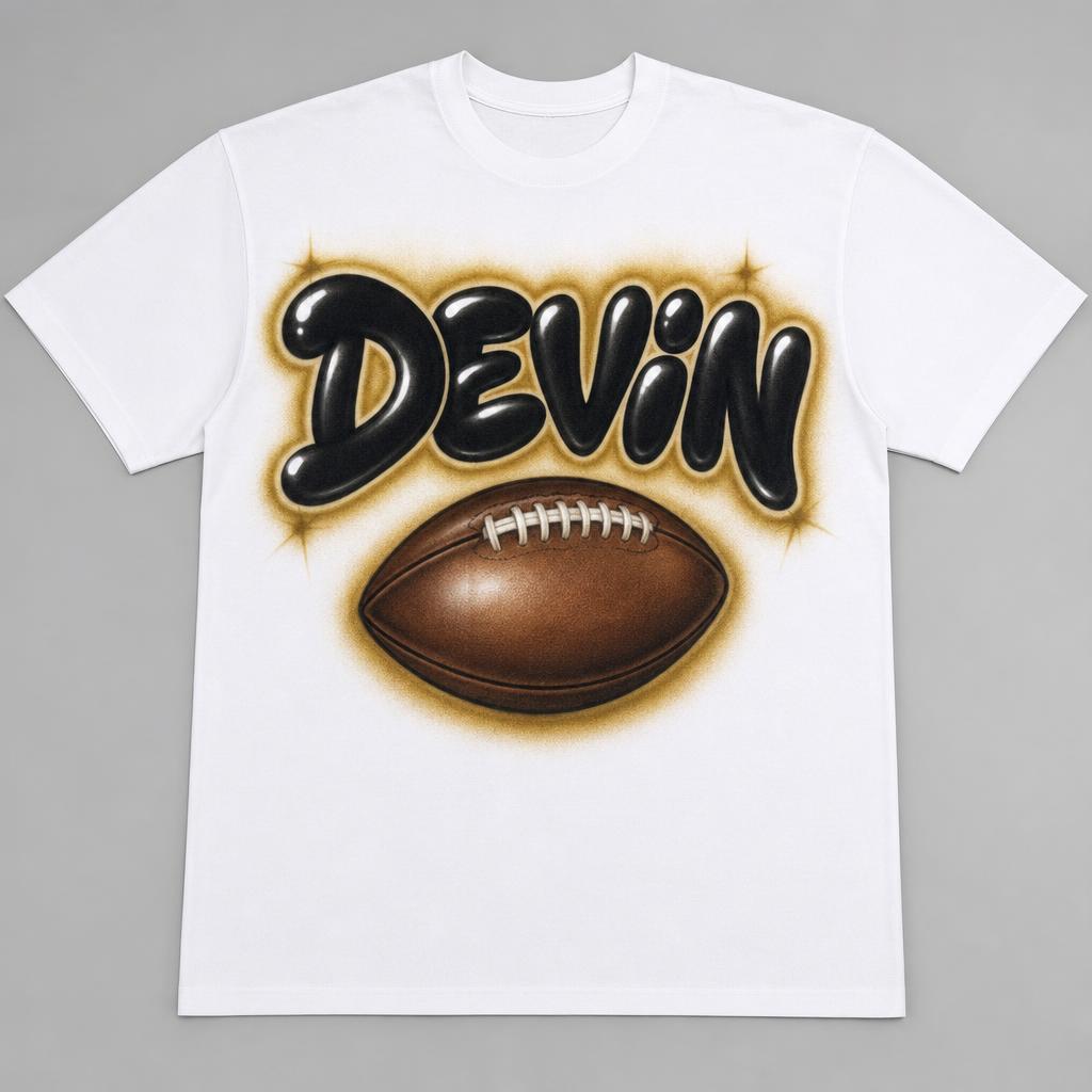 Football Name Tee — DEVIN — custom airbrush sport name design hand-sprayed on a white cotton tee