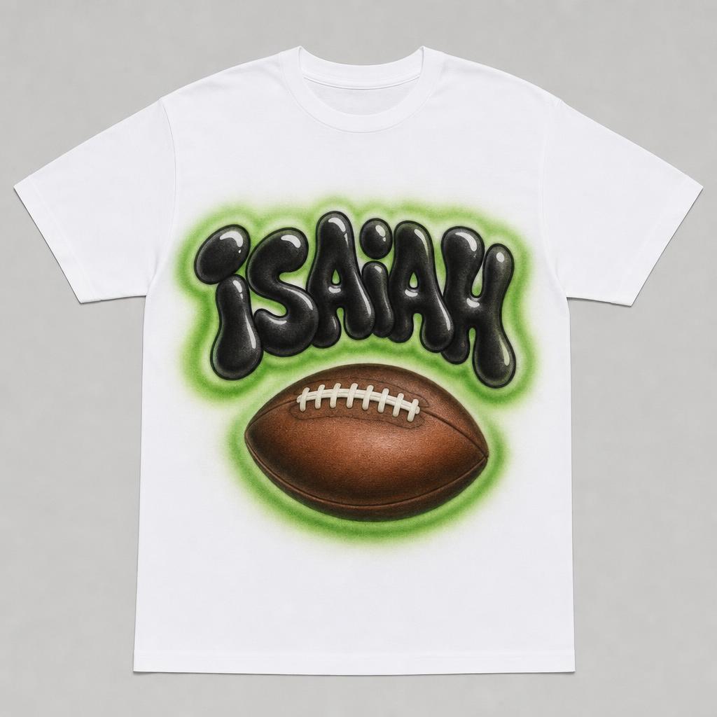 Football Name Tee — ISAIAH — custom airbrush sport name design hand-sprayed on a white cotton tee