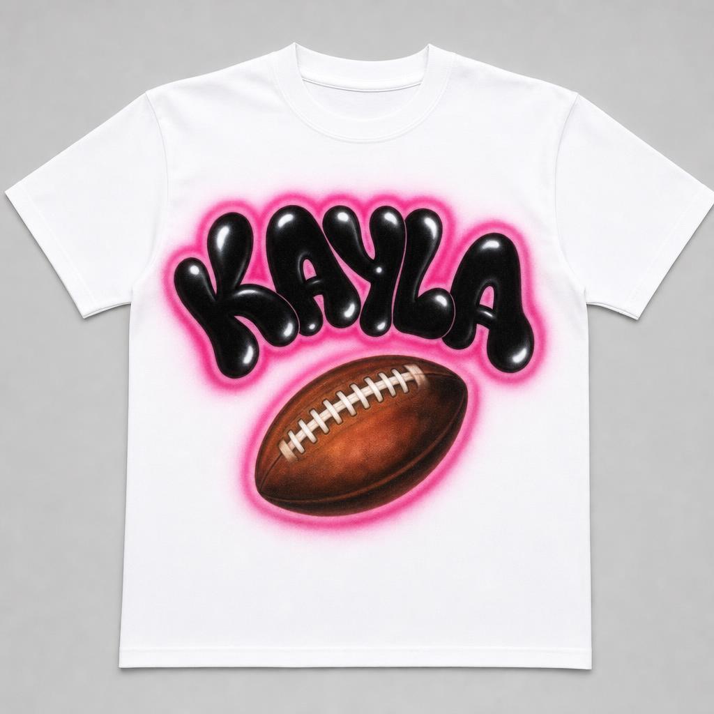 Football Name Tee — KAYLA — custom airbrush sport name design hand-sprayed on a white cotton tee