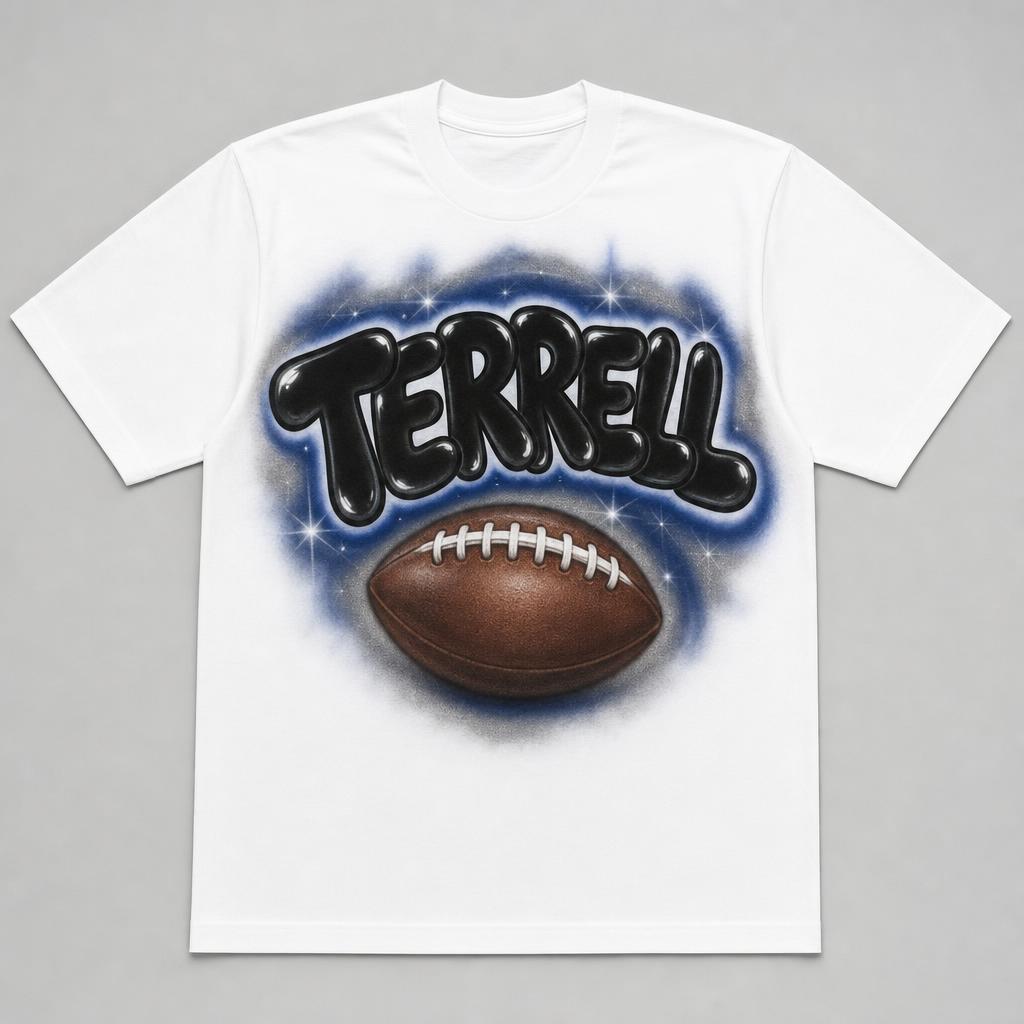 Football Name Tee — TERRELL — custom airbrush sport name design hand-sprayed on a white cotton tee