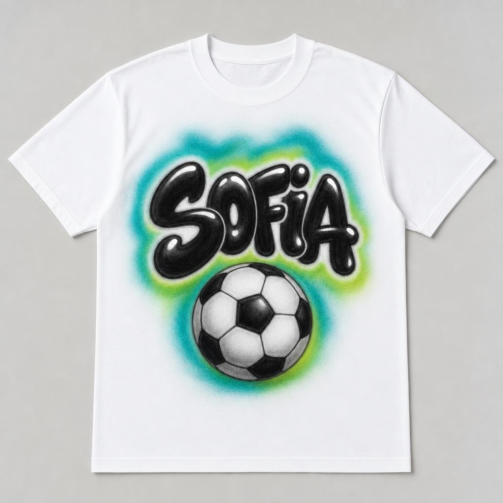 Soccer Name Tee — SOFIA — custom airbrush sport name design hand-sprayed on a white cotton tee